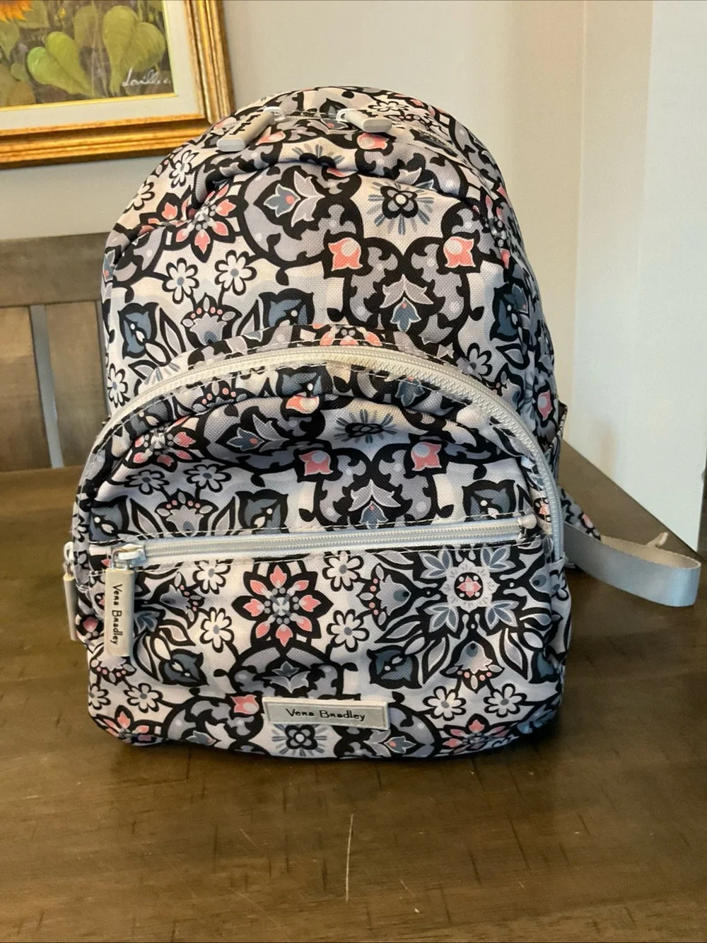 Vera Bradley Compact Backpack Lighten Up Grey Purple Mimosa Medallion Floral